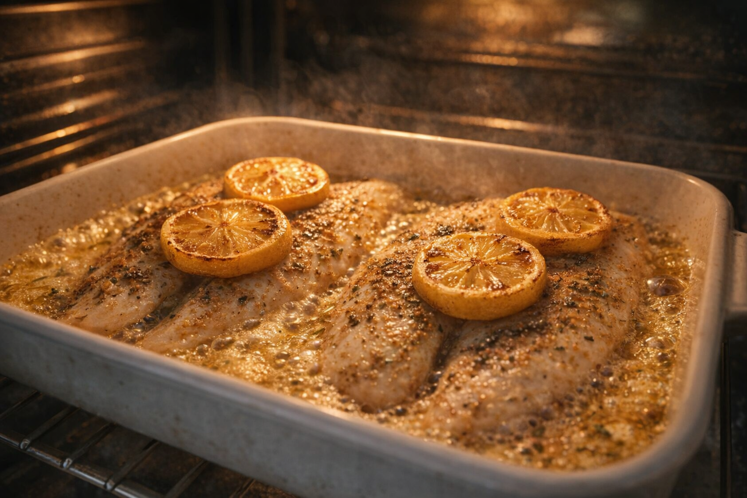 A close-up shot of tilapia fillets baking in the oven, lemon slices caramelizing, butter sauce bubbling, warm oven light